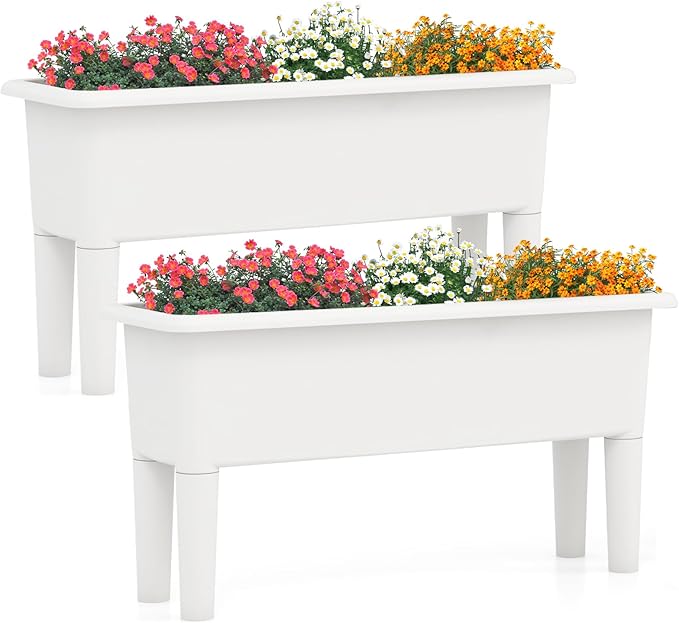 Giantex Raised Garden Beds Outdoor Set of 2, Self-Watering Planter Box with Detachable Legs & Drainage Hole, Outdoor Raised Container for Vegetable Fruit Herbs, 31.5”Lx12”Wx16”H, Easy Assembly (White)