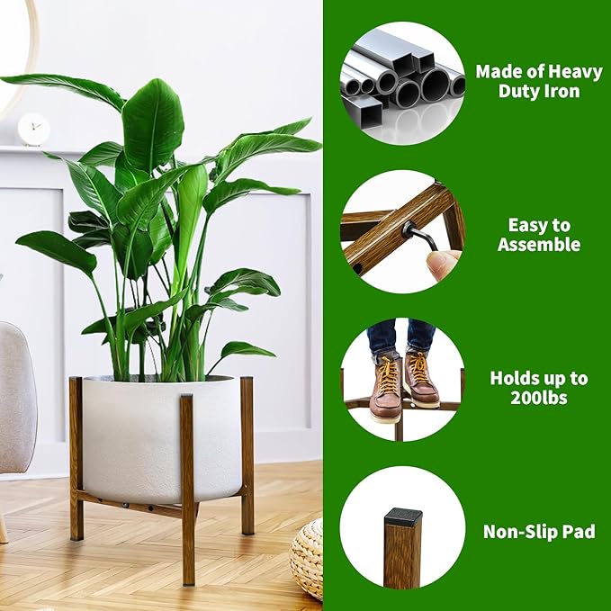 Airpark Adjustable Plant Stand Indoor, Metal Mid Century Modern Plants Stands, Stable Plant Holder Indoor Outdoor Corner, Fit 8 9 10 11 12 inch Pots,Brown Wood-Grain (Pot & Plant Not Included)