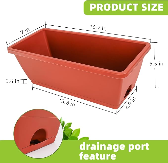 Window Box Planter, 7 Pack Plastic Vegetable Flower Planters Boxes 17 Inches Rectangular Flower Pots with Saucers for Indoor Outdoor Garden, Patio, Home Decor