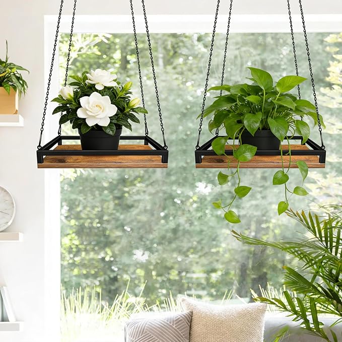 Plant Hanger Indoor, 11.8" Wooden Hanging Plant Holder with Metal Frame Hanging Planter for Indoor Plants Load 50LB Hanging Plant Shelf with 27.6" Long Chain, Ideal for Heavier Pots Window Ceiling