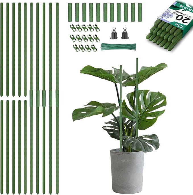 Breeze Touch Garden Trellis for Climbing Plants Outdoor, 20 Pack 17" Tomato Stakes Set with Clips & Connectors,Garden Plant Stakes, Tomato Frame, Cucumber Trellis for Raised Bed & Potted Plants
