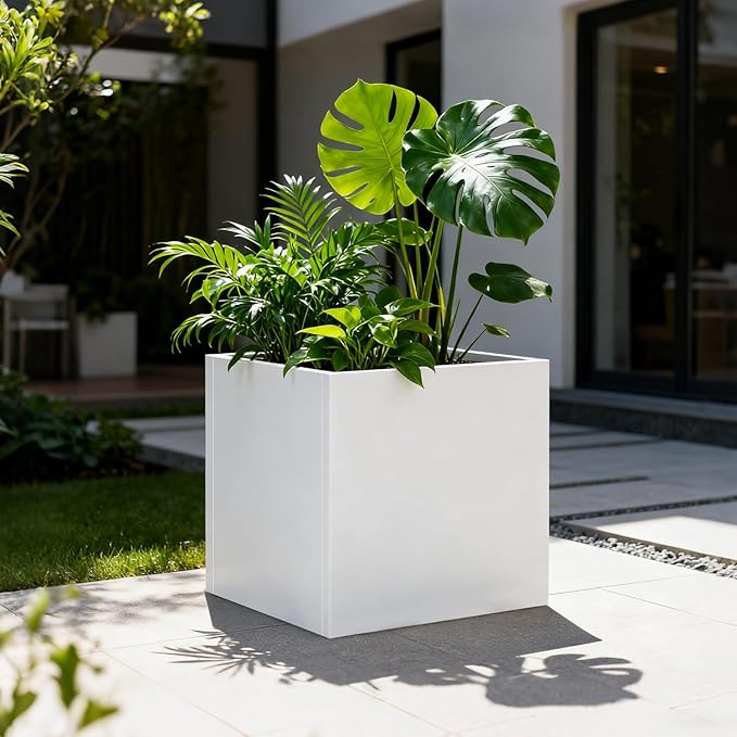 White Steel Planter Square Outdoor Planters Galvanized Steel Planter Box Indoor 32 Inch Metal Large Planters Cube Heavy Duty Flower Pot Modern Commercial Residential for Trees Patio Yard Garden