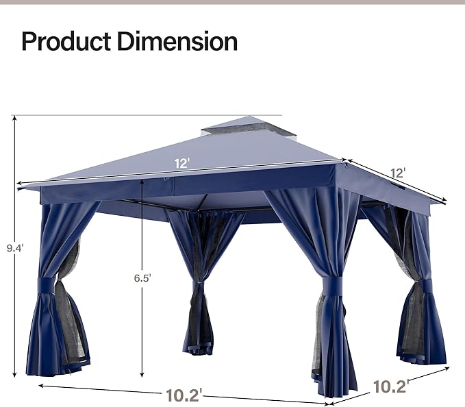 LAUSAINT HOME Semi-Permanent Outdoor Patio Gazebo 12'x12', Heavy Duty Party Tent Shelter with Double Roofs, Mosquito Nettings and Privacy Screens for Backyard, Garden, Lawn, Navy Blue
