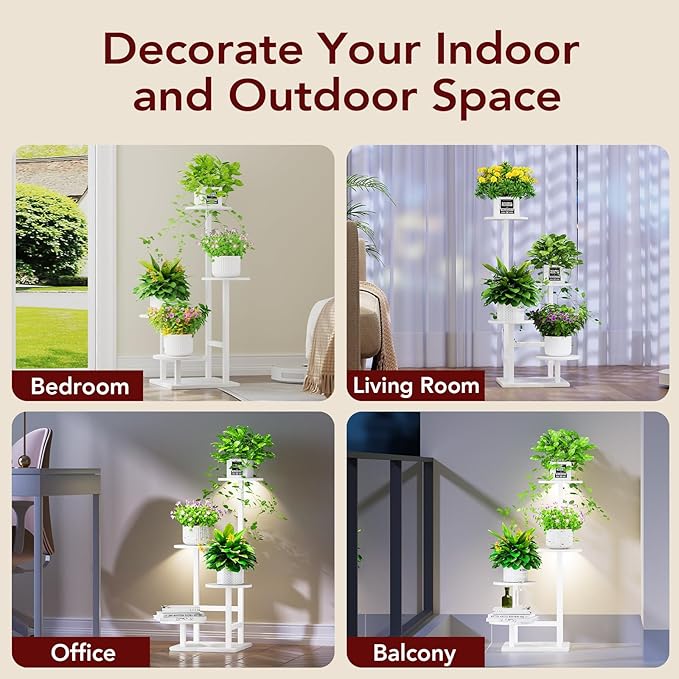 Plant Stand Indoor with Grow Light, 4-Tiered Tall Plant Stand Indoor, Metal Plant Shelf with Adjustable Light, Ideal for Living Room, Garden, Patio white