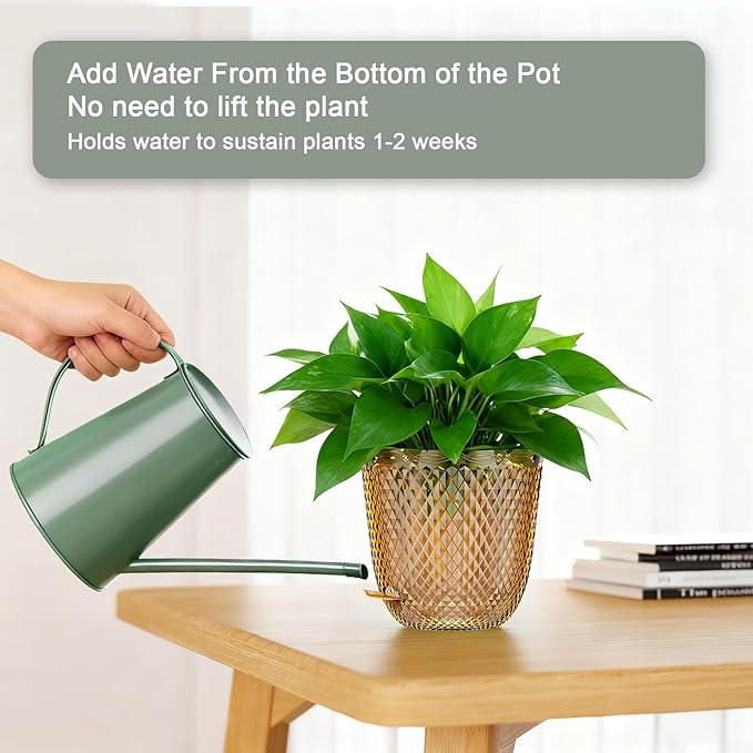 QCQHDU Self Watering Hanging Pots, 2 Pack 7.2 Inch Hanging Planters for Plants Indoor, Outdoor Flower Pots with Drainage Holes and 3 Hooks Chains for Garden Home (Gold)
