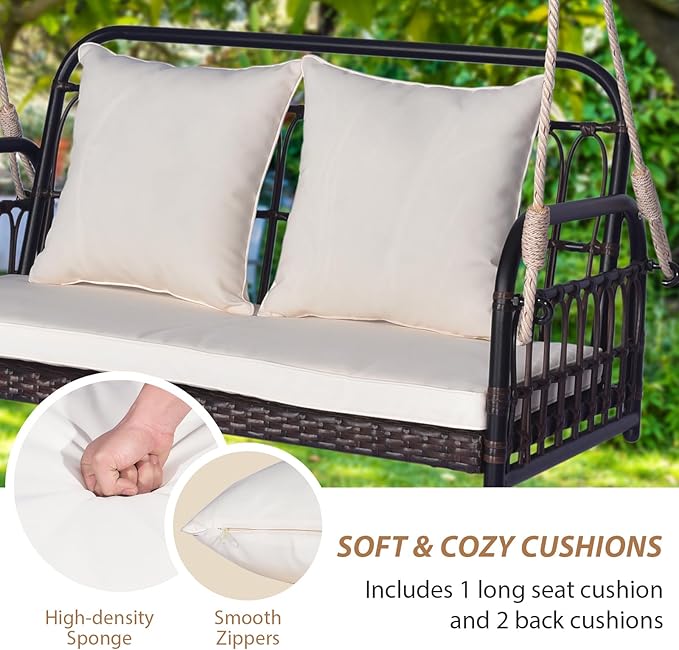 Tangkula Outdoor Wicker Porch Swing, 2-Person Hanging Seat with Seat & Back Cushions, Heavy-Duty Metal Frame & 2 Sturdy Hanging Ropes, Wicker Woven Swing Loveseat for Front Porch, Backyard (Off White)