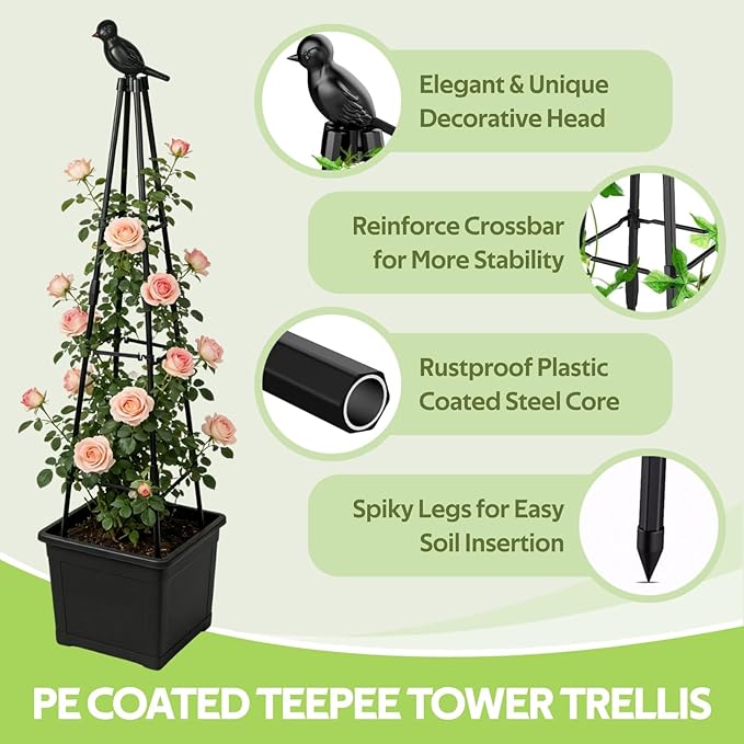 Garden Trellis for Climbing Plants Outdoor - Rustproof Plastic Coated Steel Core Tower Obelisk Trellis - Metal Teepee Trellis Vertical Plant Support for Vines Vegetables Flowers Indoor