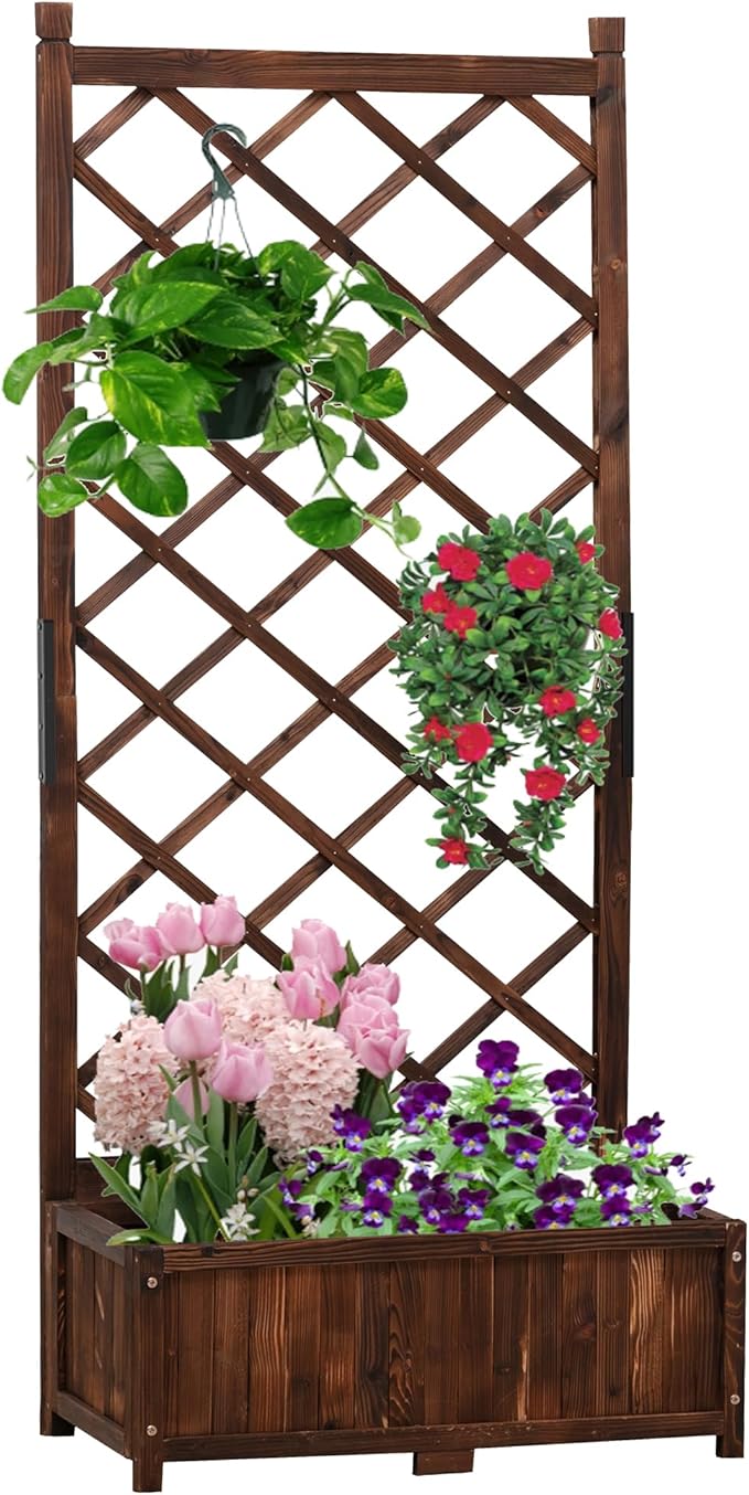 Anraja Raised Garden Bed with Trellis Wooden Planter Box Outdoor Wood Privacy Screen for Climbing Plant Planting Flower Patio Tomato Vegetable Herb Balcony Porch 29.5" L x 17.0" W x 67.0" H