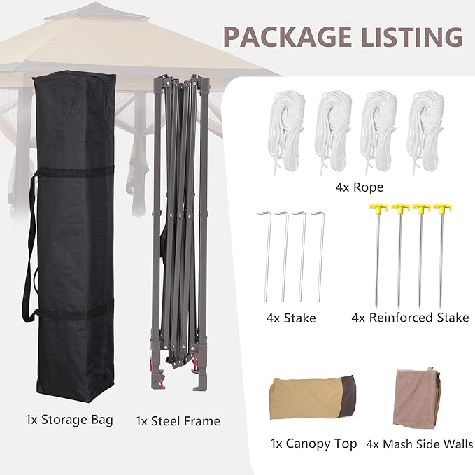 GDY 11x11 Pop Up Canopy Tent, Outdoor Canopy with Netting, Outdoor Gazebo for Backyard, Tent with Handbag, Brown.