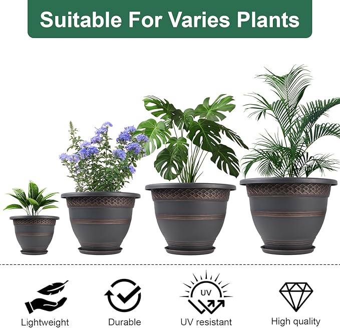 4 Pack 16 Inch Large Plant Pots, Plastic Flower Pot for Indoor & Outdoor with Drainage Holes & Saucer, Plaid Pattern Planters Garden Pots for Herbs