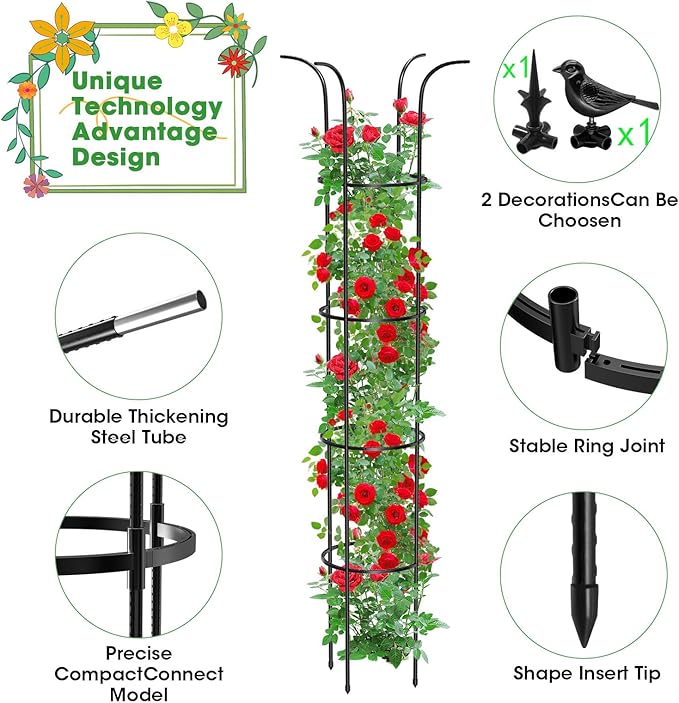 Tower Obelisk Garden Trellis for Climbing Plant，6.3FT/75.6" Rustproof Metal Potted Plant Climbing Support for Indoor Outdoor Flowers Vegetable Fruits Vines Support (1PCS)