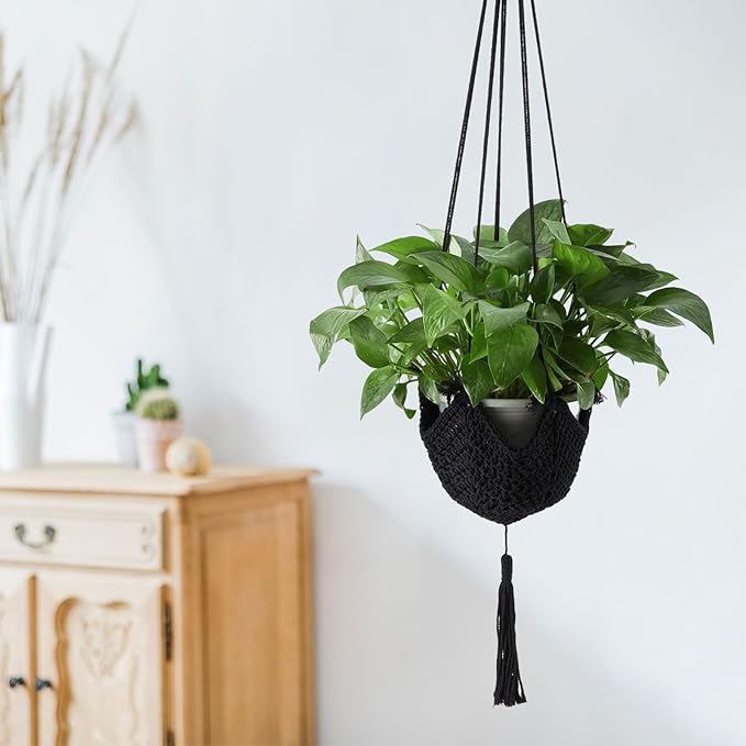 Shappy 1 Pack Jute Crochet Long Plant Hanger for 3 Inch to 12 Inch Pots, Macrame Plant Holder Rope with S Shaped Hooks for Halloween Home Decor (Black)