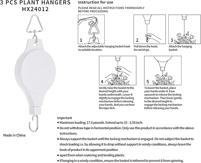 3Pcs Retractable Plant Hanger - Upgrade Plant Pulleys for Hanging Plants, Easy to Raise and Lower, Suitable for Garden Flower Pots, Hanging Planter, Bird Feeder (3Pcs-White)