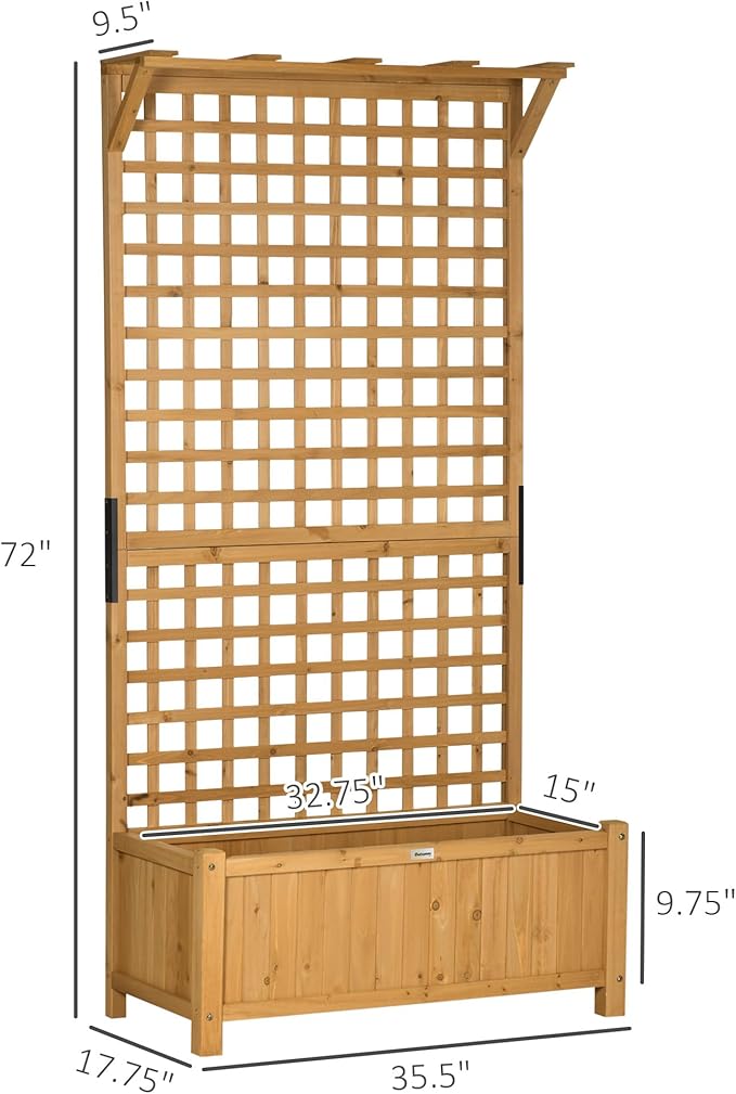 Outsunny Wood Planter with Trellis, Raised Garden Bed for Climbing Plants with Drainage Holes and Roof, 35.5 x 17.75 x 72 Inch, Pack of 2, Yellow