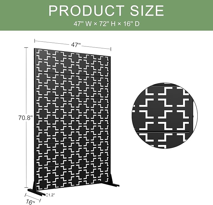 Casaphoria Metal Privacy Screen Outdoor, 72" H x 47" W Freestanding Decorative Privacy Screen for Patio Deck Balcony Garden with Stable Base, Black-Square
