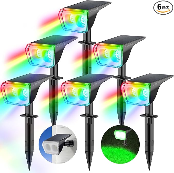 Consciot Solar Spot Lights Outdoor, Christmas Color Changing Lights Waterproof, 10 Colors Dusk-to-Dawn Landscape Spotlights, Outdoor Christmas Decorations for Garden Yard, 6 Pack