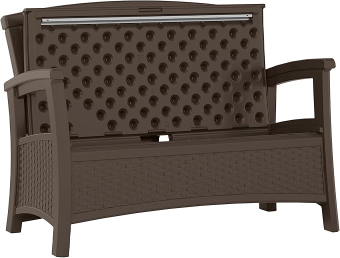 Suncast Outdoor Wicker Love Seat with 23-Gallon Storage, Comfortable Seating for Two, Ergonomic Back Support, All-Weather Furniture for Patio, Deck, and Garden, Java, Made in the USA
