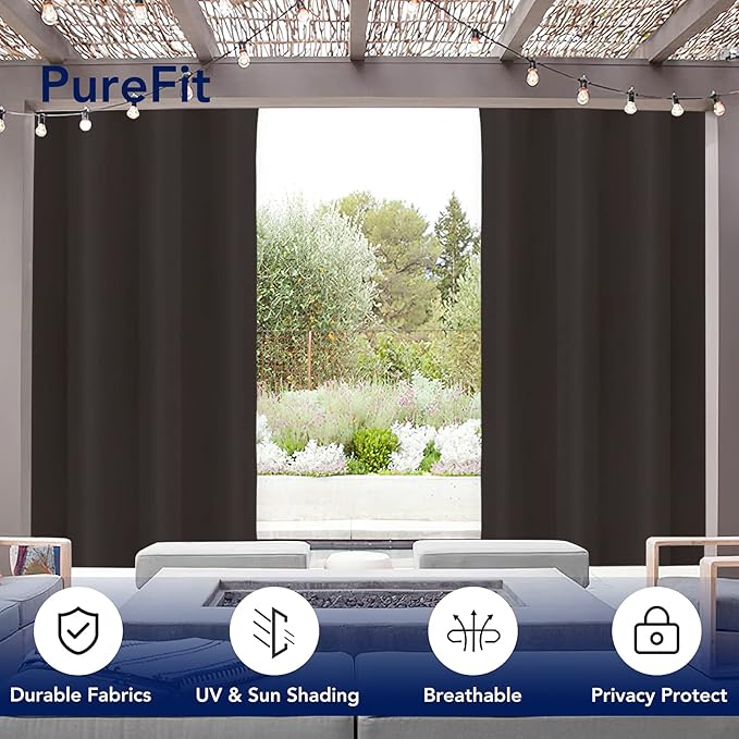 PureFit Outdoor Curtains for Patio Waterproof Weatherproof, UV Resistant Outside Curtains for Gazebo, Front Porch, Pergola, Sun Blocking Privacy Curtain, 52W x 95L inch, 1 Panel, Chocolate