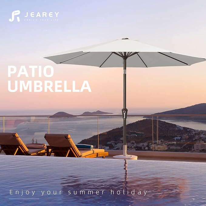 JEAREY 9FT Outdoor Patio Umbrella Outdoor Table Umbrella with Push Button Tilt and Crank, Market Umbrella 8 Sturdy Ribs UV Protection Waterproof for Garden, Deck, Backyard, Pool (Creamy-white)
