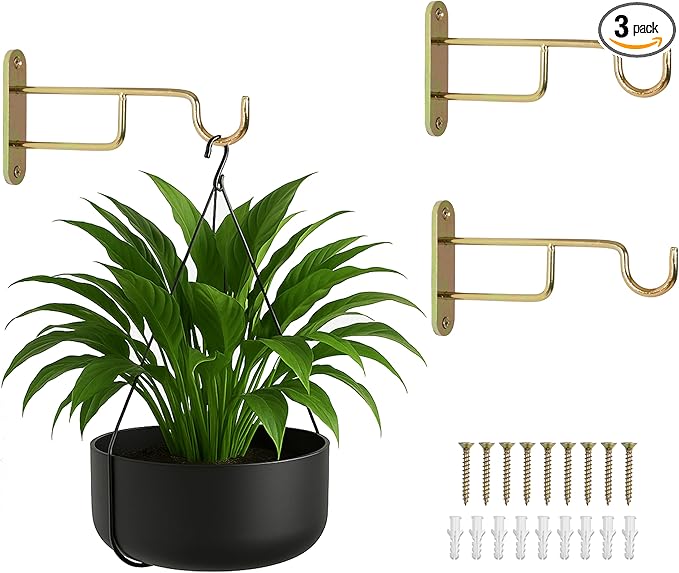 Ilyapa 3 Pack Metal Wall Plant Hangers - 7 Inch Plant Hanger for Indoor - Rustic Brass Finish Hooks for Hanging Plants, Baskets, and Macrame - Indoor Hangers for Plants, Lanterns or Wind Chimes