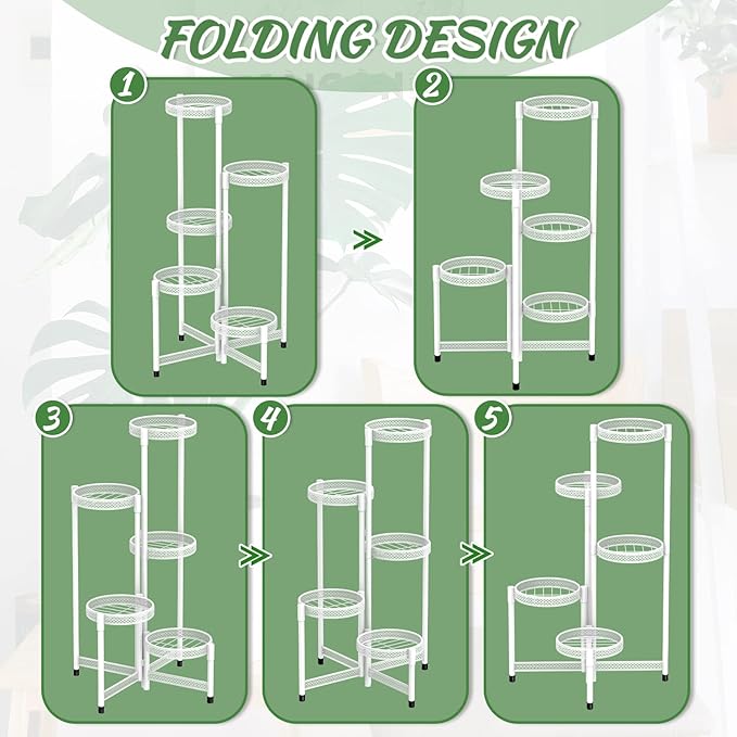 iDavosic.ly Plant Stand Indoor Outdoor, 5 Tier Corner Metal Flower Display Holder Shelf, Easy Assembly Folding Tall Orchid Rack for Patio Balcony Porch Garden Living Room House, Wrought Iron - White