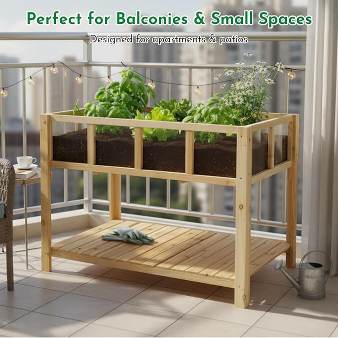 Raised Garden Bed with Transparent Acrylic Panels, Elevated Wooden Raised Garden Bed Planter, Fir Wood Outdoor Planter Box for Herbs, Flowers & Patio Balcony Gardening (Natural)