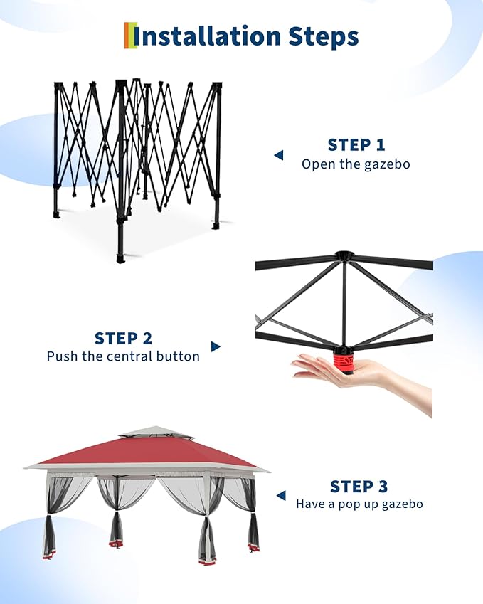 Canopy Tent 13x13 ft, Pop Up Gazebo One-Push Setup with 4 SandBags for Backyard Parties and BBQs, Mosquito Netting & Height Adjustable - Red