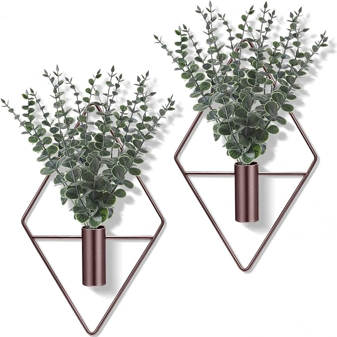 Jexine 4 Pcs Hanging Planters with Artificial Eucalyptus Metal Hanging Vase Indoor Plants Holder Modern Geometric Boho Bathroom Wall Decor for Living Room Home Office, Bronze