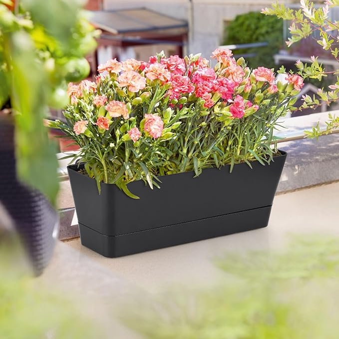 Window Box Planter with Tray, 12" Rectangle Plant Pot, Pack of 3 (Black)