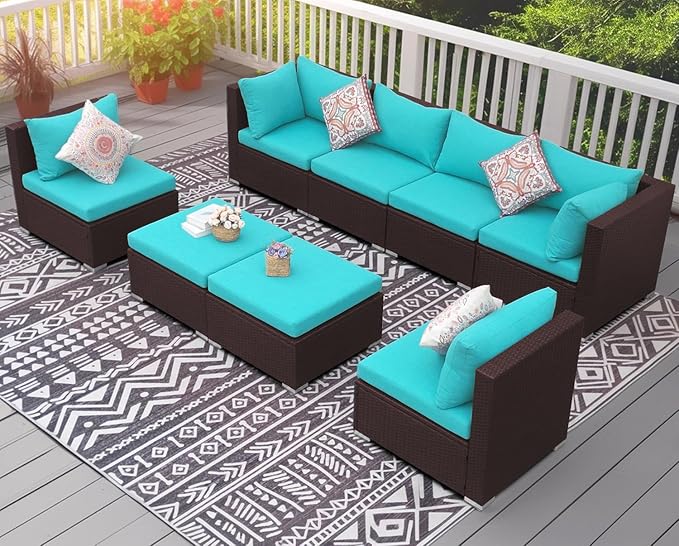NICESOUL 8 Piece Outside Furniture Set, 29.3'' High Back Deep Seating Wicker Patio Modular Sectionals, Oversized Modern Comfy Conversation Sets for Backyard, Brown Rattan and Teal Cushion
