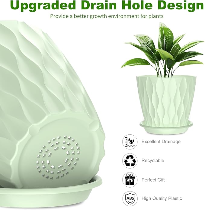 6 Pack 6 Inch Indoor Plant Pots with Drainage Holes, Outdoor Plastic Decorative Flower Pots, Garden Planters with Tray Saucers for Orchids, Violets, Succulents, Herbs, and Other Plants