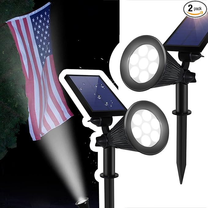 Solar Spotlights, Outdoor Ground Spot Light for Flag Pole, Bright 7-LED Dusk-to-Dawn Waterproof Landscape Flagpole Lights, 2-in-1 Adjustable Solar Powered Lighting for Tree Garden Yard (2 Pack, White)