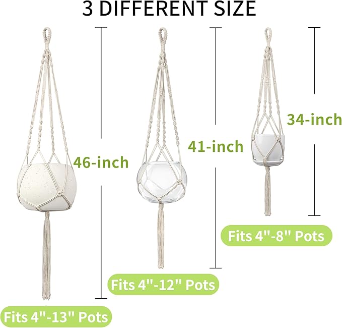 Macrame Plant Hanger - Fits 4 to 13 inches Pots for Indoor Outdoor, 34"/41"/46" 3 Sizes Set, Ivory (POTS NOT Included)