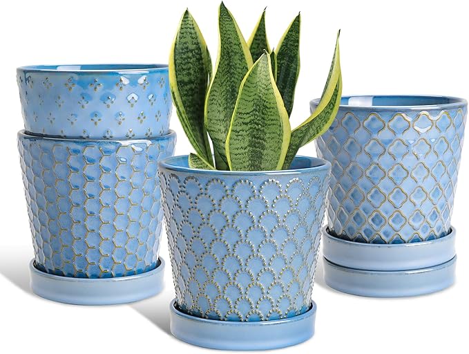 EFISPSS Plant Pots,5 Inch Pots for Indoor Plants,Planters with Drainage Hole and Saucer, Ceramic Flower Pots Desktop Office Windowsill Decoration Gift Set of 4 - Sky Blue