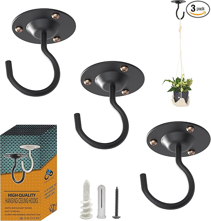 NACETURE Ceiling Hooks for Hanging Plants 3 Pack - Plant Hanger Indoor Hanging Hooks Metal Plant Bracket Iron Lanterns Hangers for Wind Chimes (Black 3 Pack)