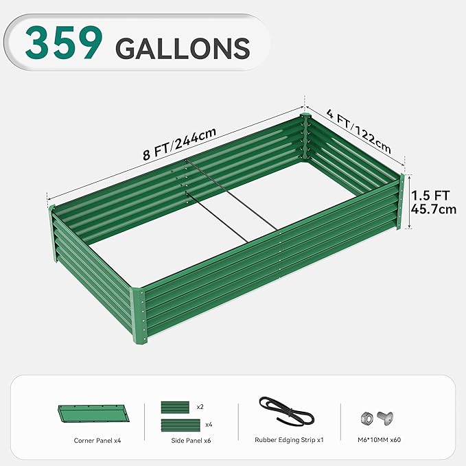 YITAHOME 2pcs 8x4x1.5 in Galvanized Raised Garden Bed Kit, Large Metal Planter Box with Gloves, Safety Rubber & Support Rod, Outdoor Flower Bed for Plants Vegetables, Green