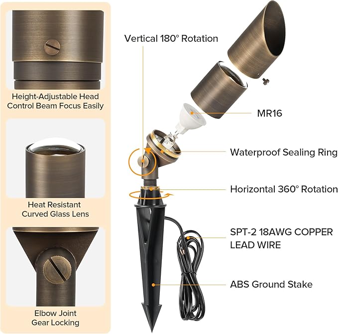 LUTEC Solid Brass Low Voltage Landscape Lighting, 12V Heavy Duty Waterproof Landscape Spotlights, Adjustable Bronze Uplights Outdoor Fixtures for Garden Yard Pathway Tree with MR16 Bulb