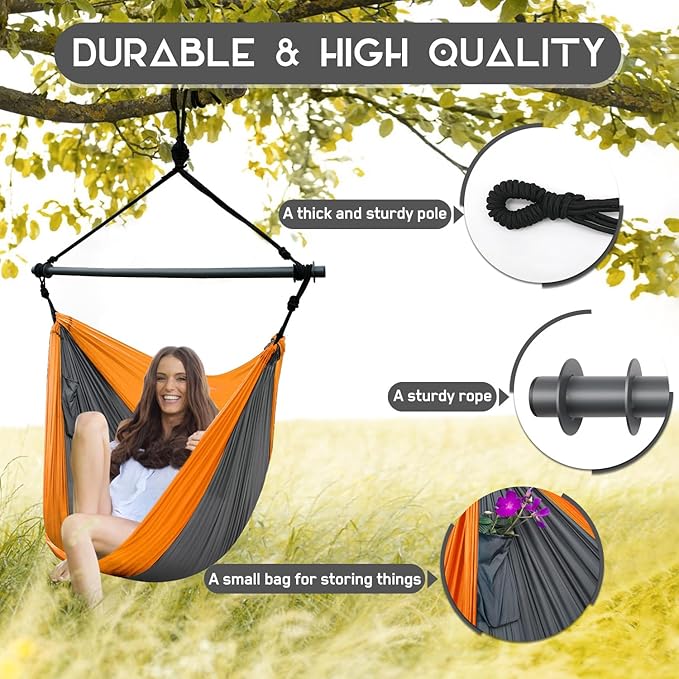 Hammock Chair, Portable Large Hanging Rope Swing, Lightweight Nylon Parachute, Max 500 Lbs, Detachable Metal Support Bar Hammock Chair Swing for Outdoor, Indoor, Bedroom (Orange, Dark Gray)