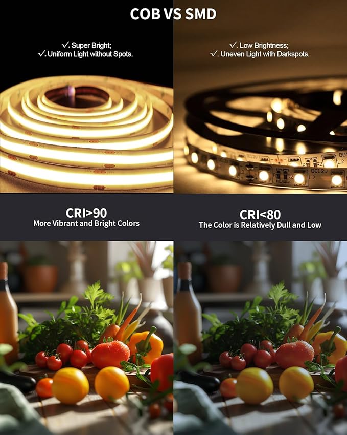 80FT/24m COB LED Strip Light (2 Rolls of 40ft) Warm White Dimmable 3000K High Lumen CRI 90+ with 24V6A Power Adapter RF Remote LED Lights for Bedroom Counter Under Cabinet Kitchen Projects