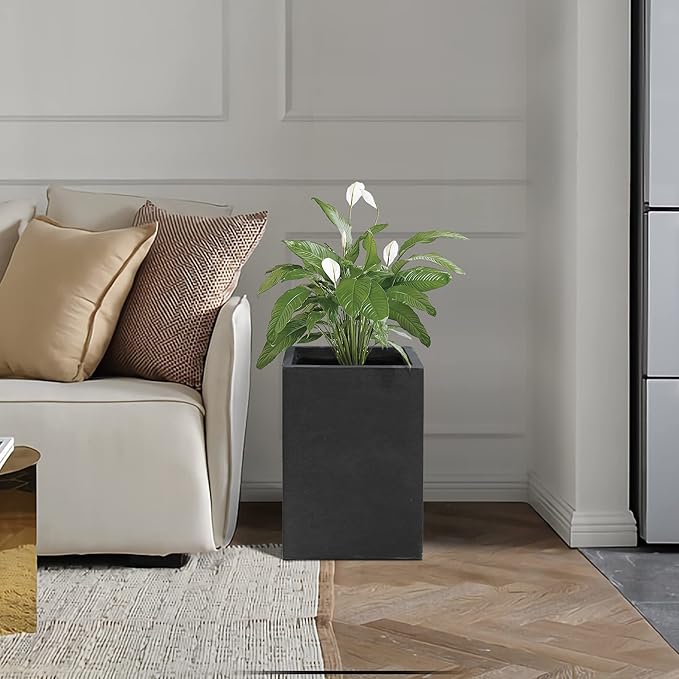 Kante 15.7" H Tall Rectangular Concrete Planters, Outdoor Indoor Lightweight Plant Pots with Drainage Hole and Rubber Plug, Modern Style for Home Garden Patio, Charcoal