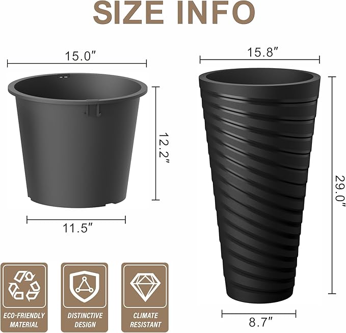 Kante 29 Inch Tall Planter Set of 2, Round Spiral Textured Flower Pots, Decorative Plant Pots for Outdoor Indoor Garden Patio Front Porch (Black)