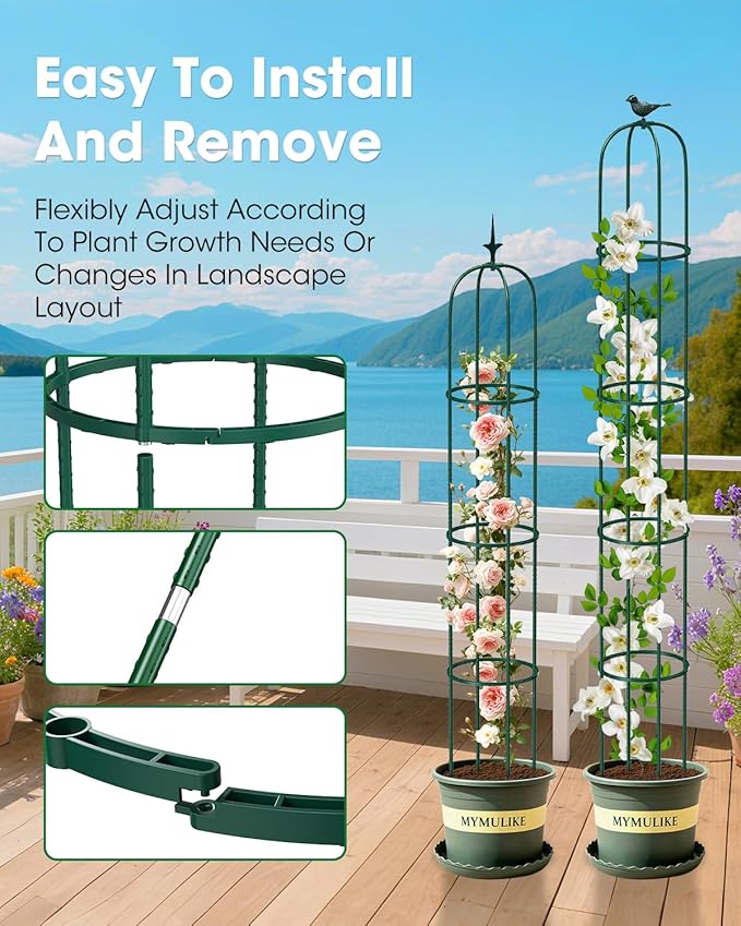 2PCS Garden Trellis for Climbing Plants, 6.2FT Rustproof Metal Pipe with Heavy Duty Plastic Coated, Garden Outdoor Indoor Potted Plant Support, Obelisk Garden Trellis for Climbing Vine (Green)