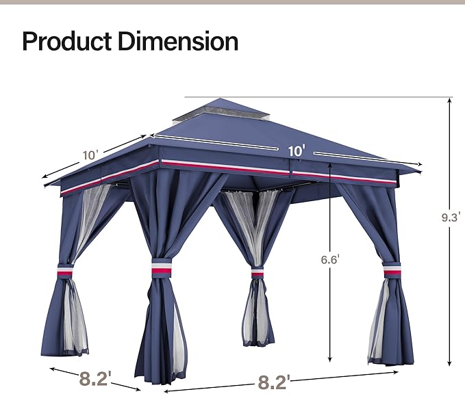 LAUSAINT HOME Semi-Permanent Outdoor Patio Gazebo 10'x10', Heavy Duty Party Tent Shelter with Double Roofs, Mosquito Nettings and Privacy Screens for Backyard, Garden, Lawn, Classic Blue