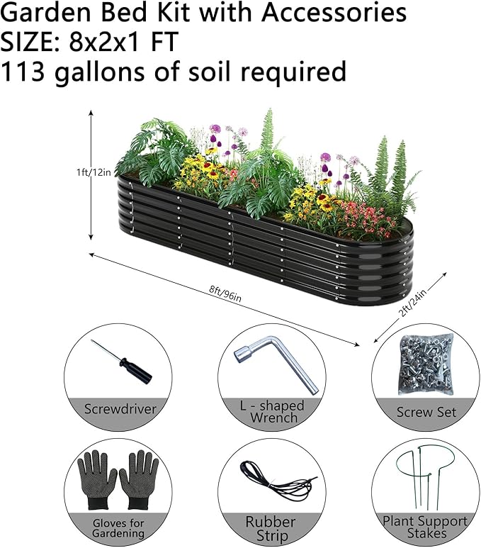 Garden Box Raised Flower Bed Galvanized Metal Planter Round Raised Garden Bed Kit for Gardening Outdoor 1PC Black 8X2X1FT