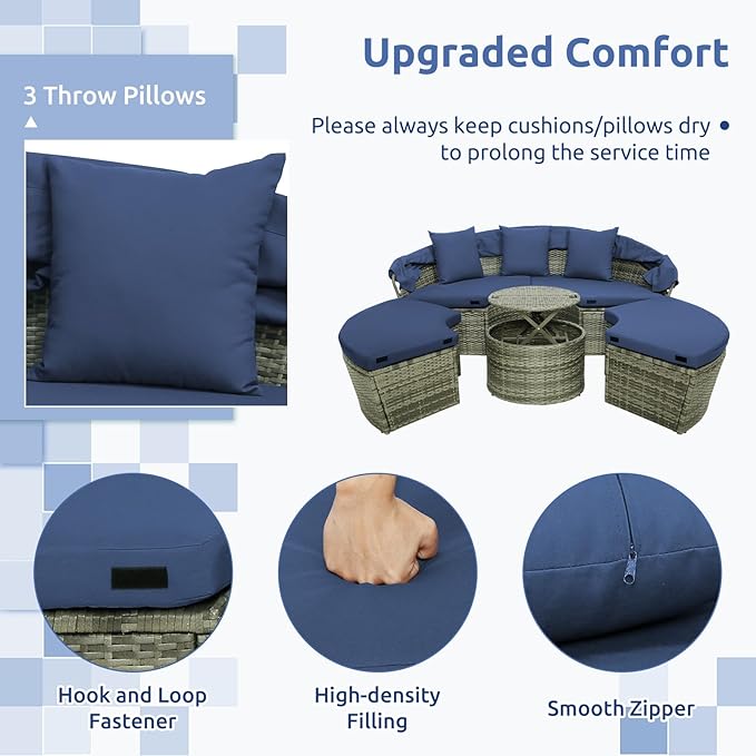 Tangkula Outdoor Round Daybed with Retractable Canopy, PE Wicker Sectional Seating Furniture with Cushions and Throw Pillows, Separates Cushioned Seats for Backyard, Poolside (Navy)