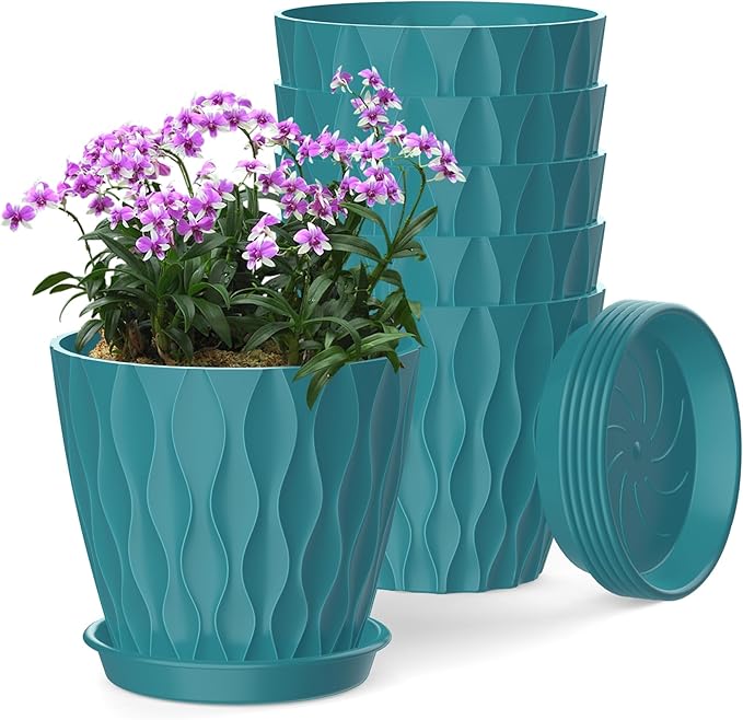 6 Inch Plant Pots, 6 Pack Indoor Flower Pots, Planters with Drainage Holes and Trays for Orchids, Violets, Succulents, Herbs, and Other Plants,Blue-Green
