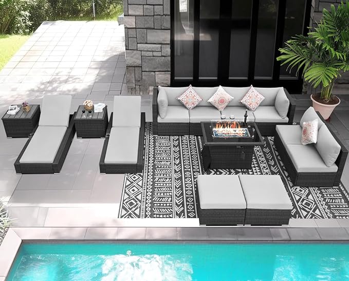 NICESOUL 13 Piece Outdoor Furniture with Fire Pit, Gray Wicker Patio Sectional with Fire Pit & Chaise Lounge, Modular 29.3" Highback Large Size Sectional Sofa for Outside Pool Backyard