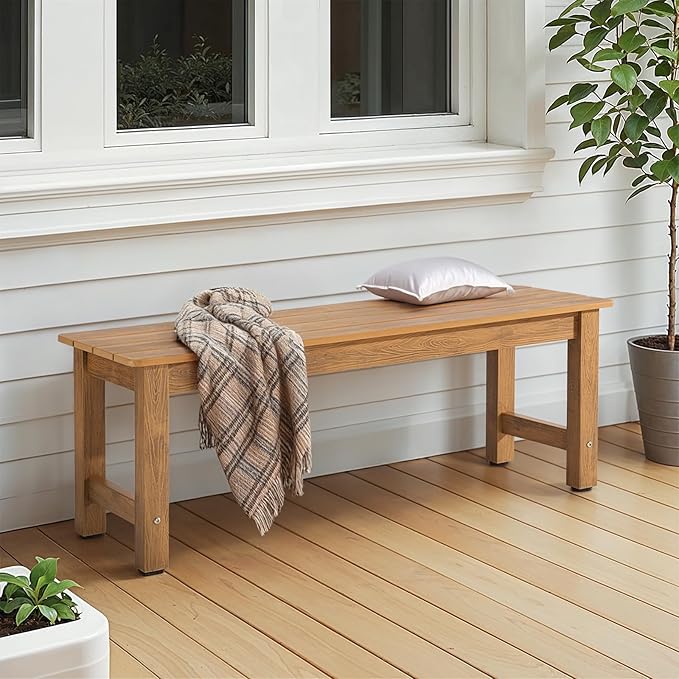 ONBRILL Outdoor Benches Weatherproof, 2-Person Poly Lumber Garden Bench, All-Weather Patio Bench Will not Rot and Fade for Garden, Porch, Backyard and Park, Easy Installation, Teak