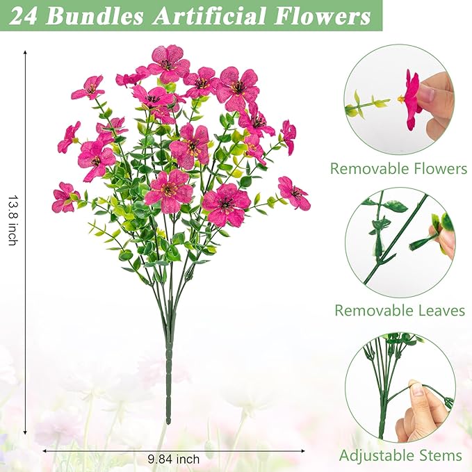 Bassion Artificial Flowers for Outdoors, 24 Bundles UV Resistant Fake Flowers Realistic Silk Faux Plants for Outdoor Planter Window Box Porch Patio Garden Home Outside Decorations
