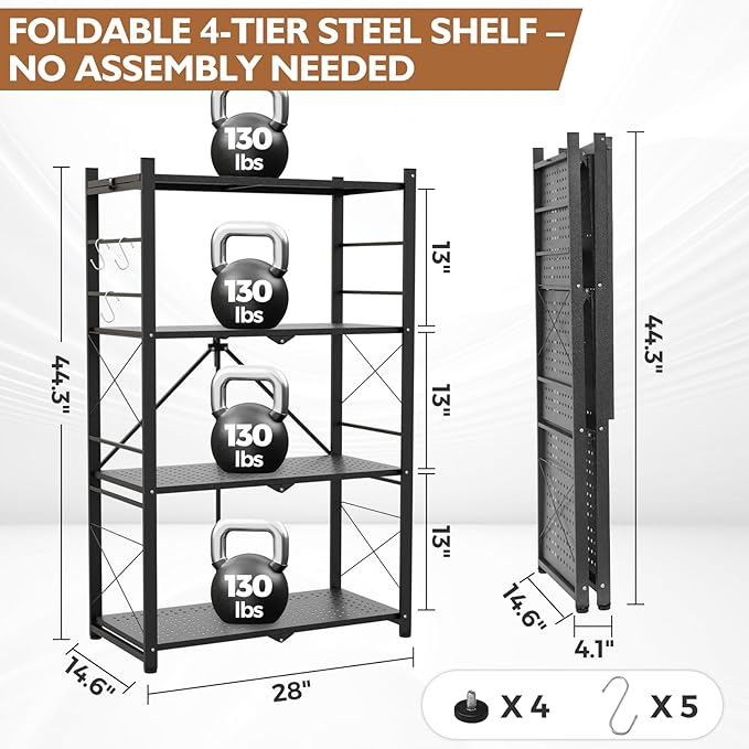 EAGLE PEAK 4-Tier Foldable Greenhouse Shelf, Heavy Duty Metal Storage Rack, No Assembly Steel Shelving Unit, Plant Stand for Greenhouse and Multi-Use Storage, 28”x14.6”x44.7”, 520 lbs, 1 Pack, Black